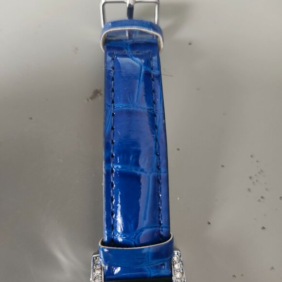 Croton diamond bezel Blue genuine leather bracelet. main image 5